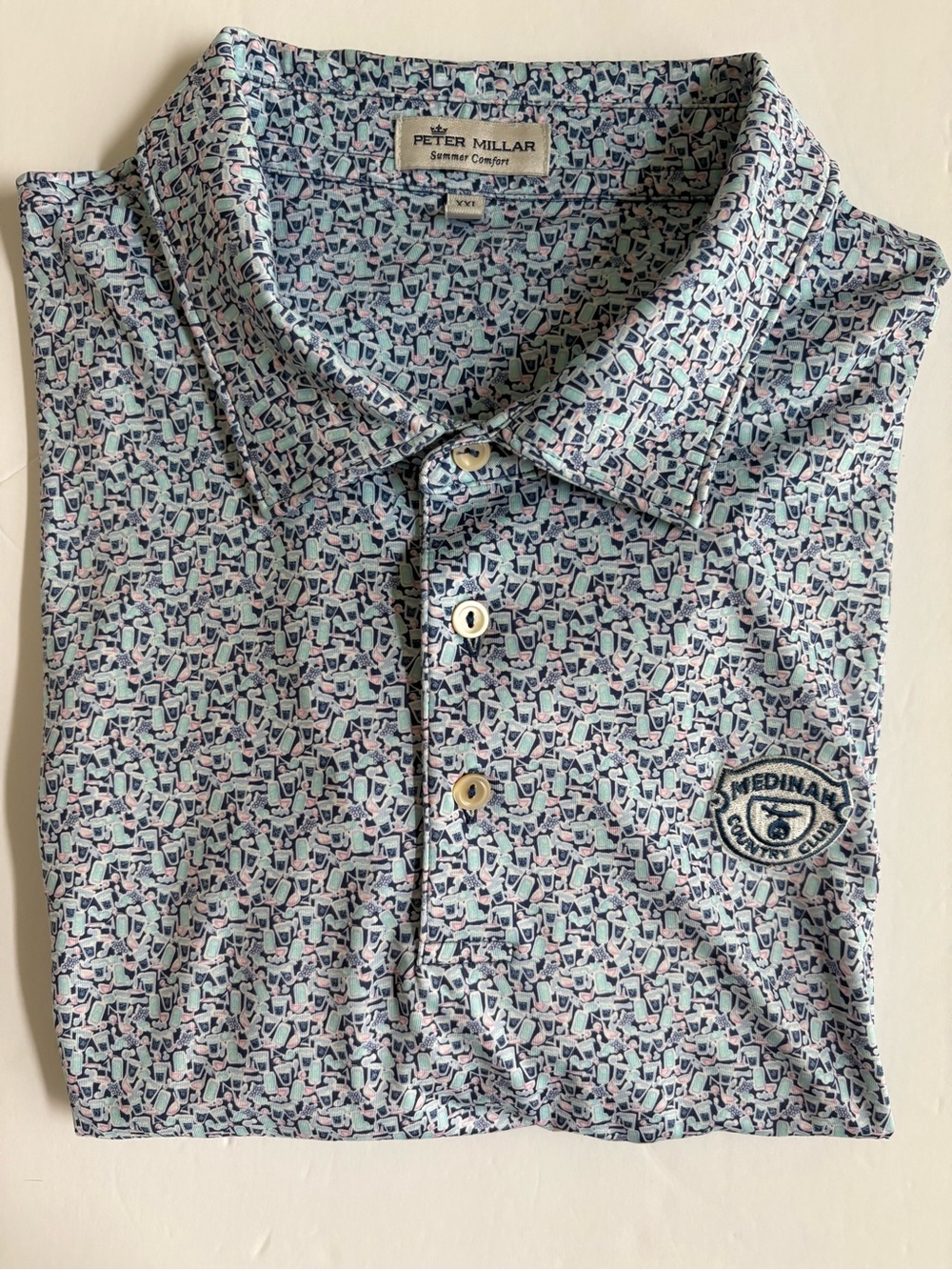 Peter Millar Men's Summer Comfort Light Blue Micro Print Polo Medinah Golf CC